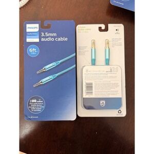 2pk Philips 3.5mm Audio Cable Universal 6ft Blue‎ Elite HD Audio Aux Cord NWT